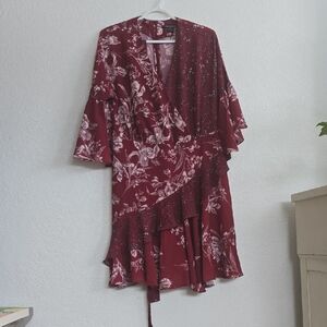 French Connection Wine Red Floral Wrap Dress with Ruffle Detail